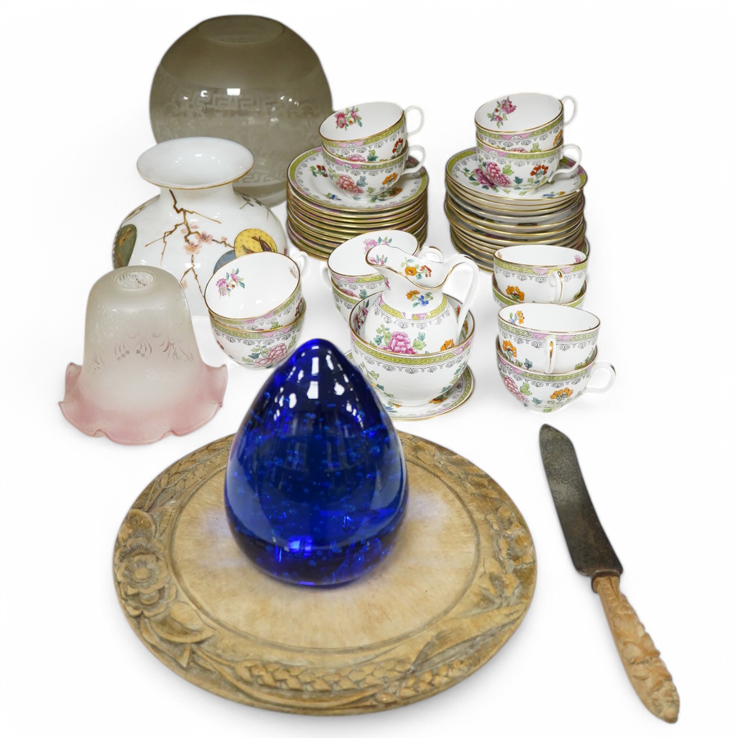 A Bristol blue glass dump, a wheatsheaf carved bread board and bread knife, three ornate glass shades and a Copeland Spode china tea set, bread board 30.5 cm diameter. Condition - dump, tea set good, shades chipped and b